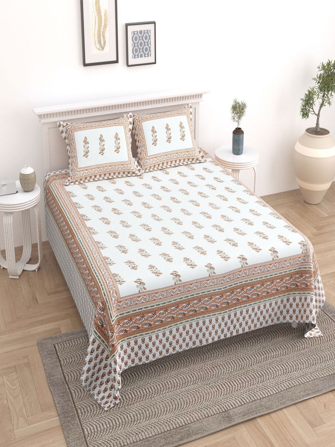 Buy Myntra Elegant Homes Jaipuri White Floral Pure Cotton 180 TC King Fine Bedsheet With 2 Pillow Covers 108 X 100 Inches -  - Home for Unisex