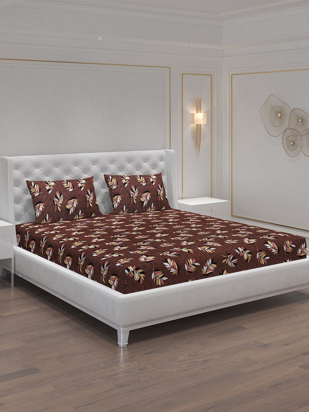 Moca By Monte Carlo Brown Floral Polycotton 120 TC Queen 2 Bedsheet with 4 Pillow Covers-87 x 94 inches
