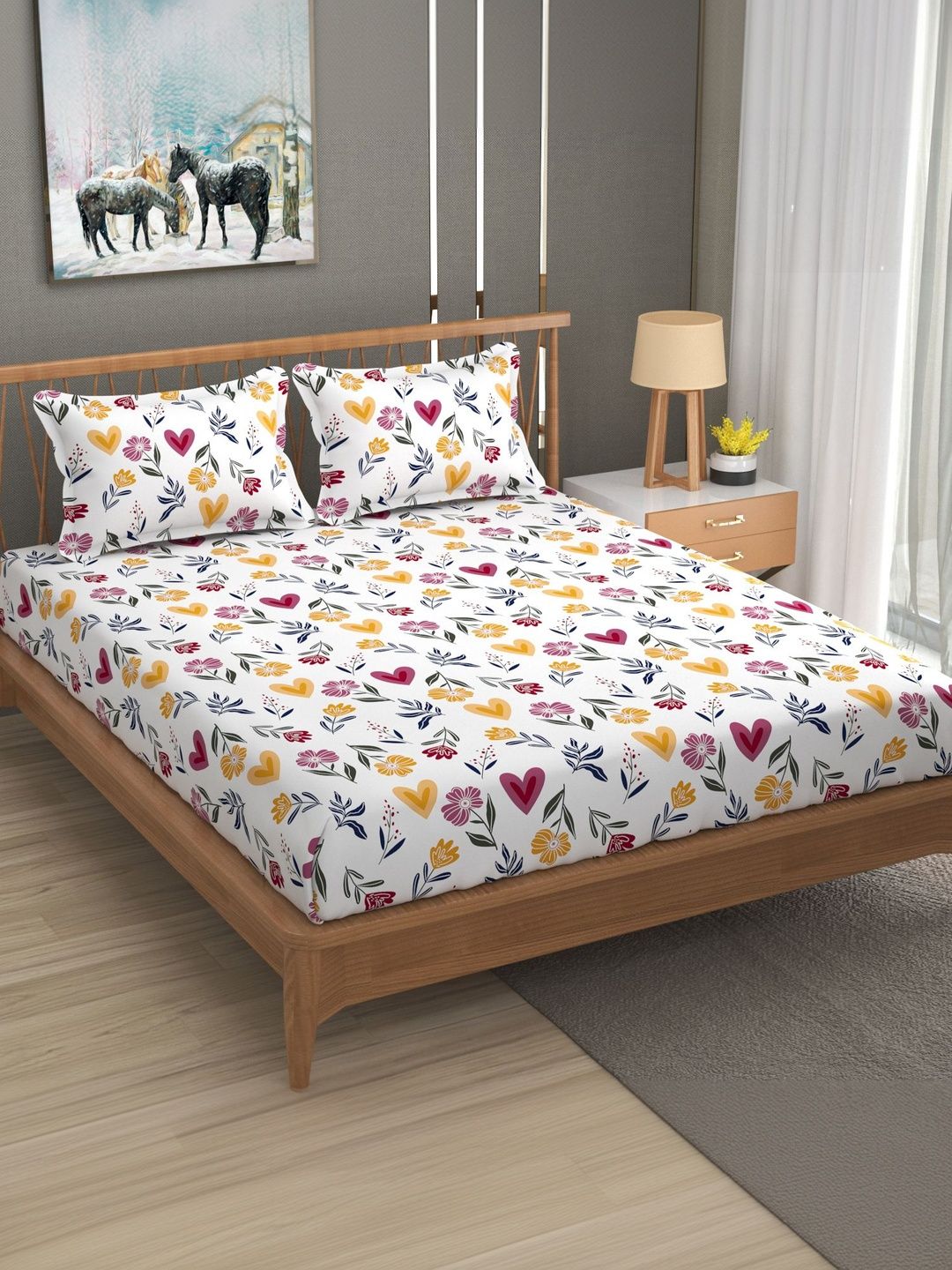 LA VERNE White Floral Microfiber 110 TC Fitted Double Queen Bedsheet Set 2.28 m x 2.54 m