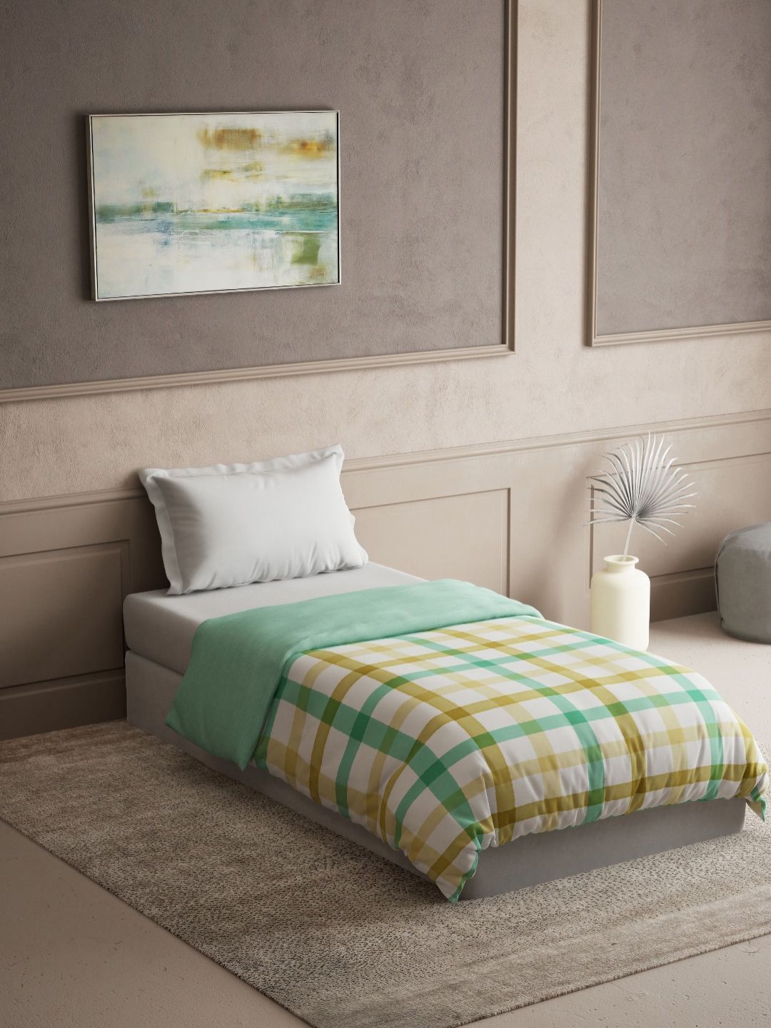 DDecor Green & White Checked AC Room 120 GSM Cotton Single Bed Dohar