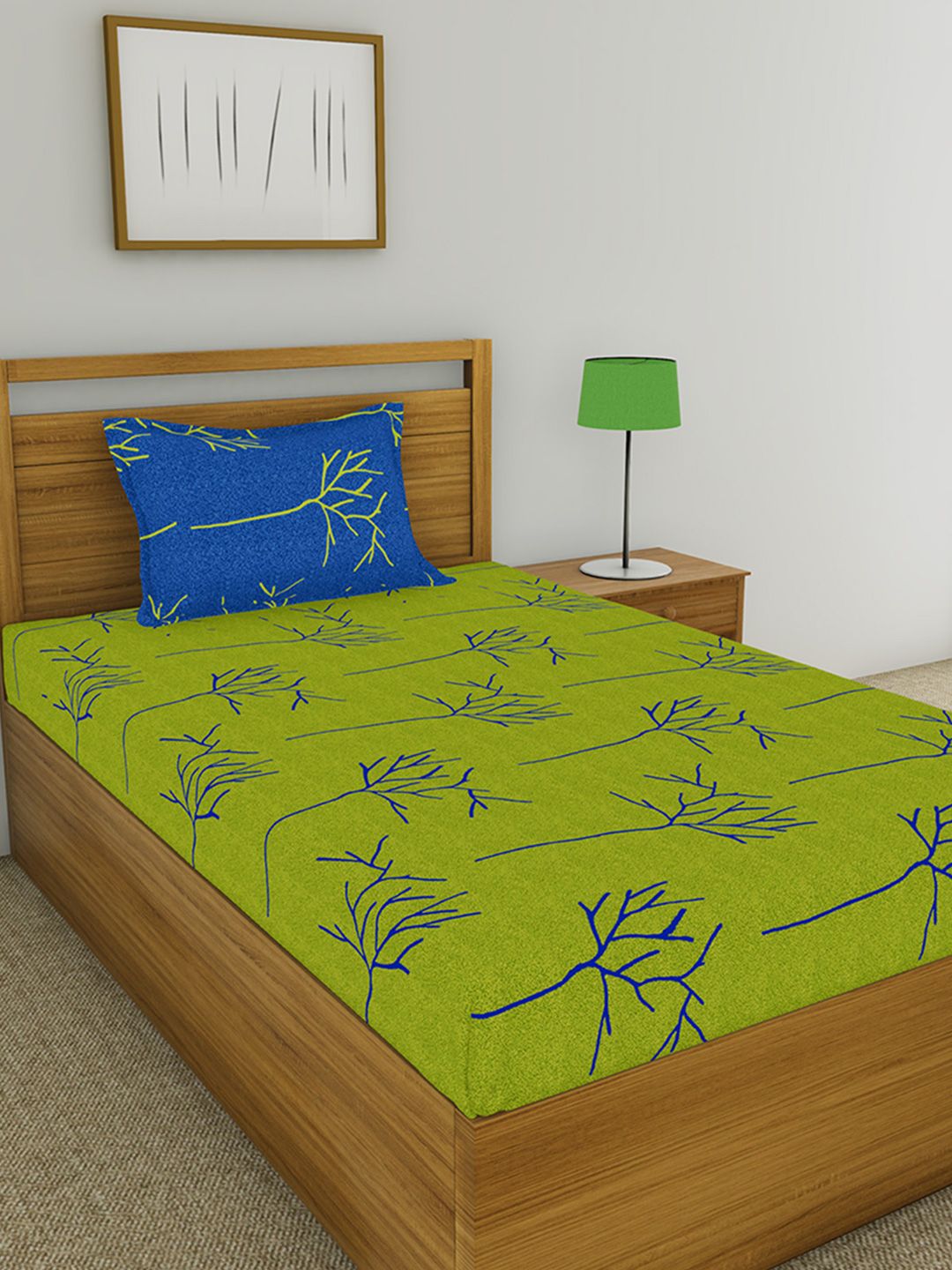Huesland Blue & Green Floral Cotton 144 TC Single Bedsheet & 1 Pillow Cover