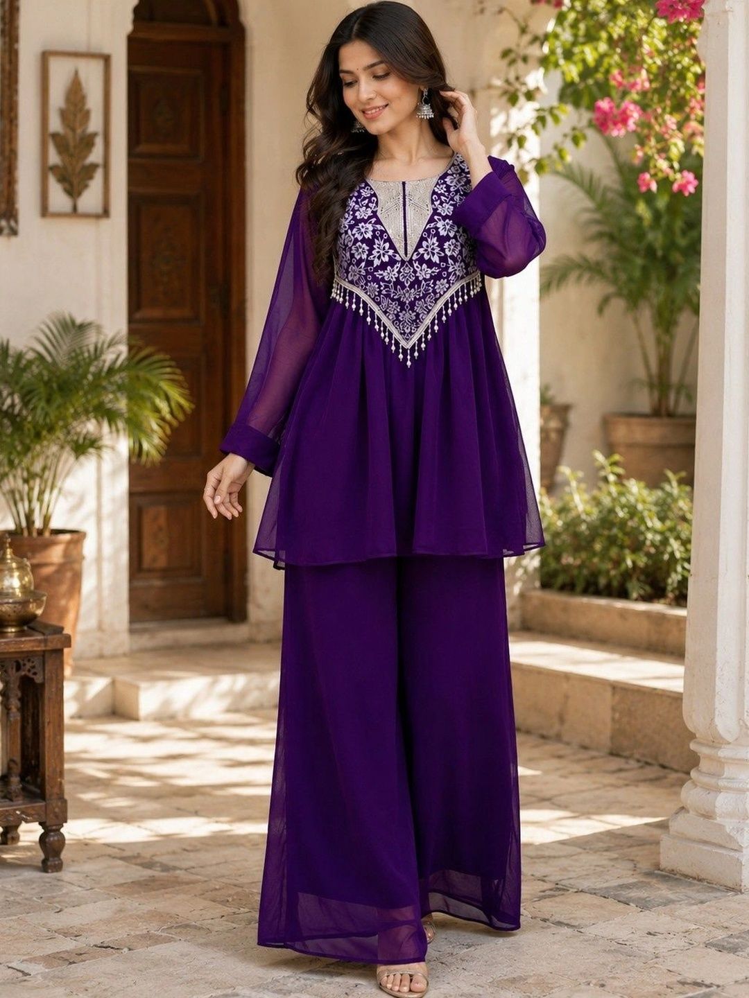 GMIYA Women Ethnic Motifs Embroidered Empire Thread Work Kurta with Palazzos