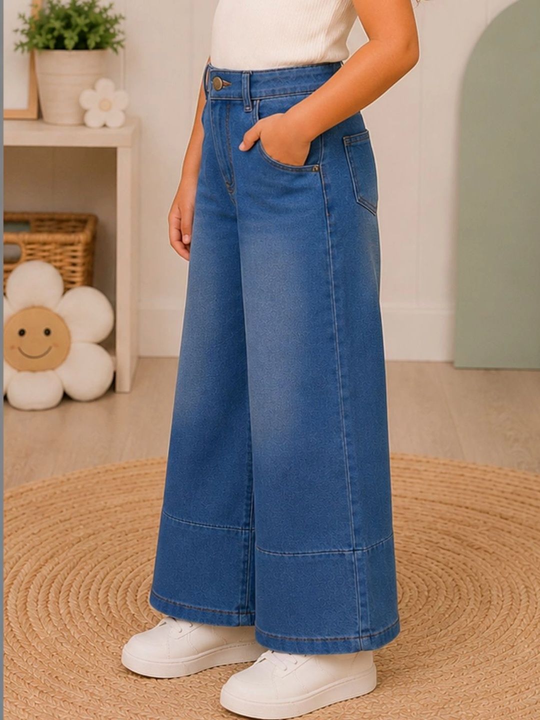 Girls Blue Cotton Relaxed Wide Leg Classic Pocket Comfort Denim Jeans