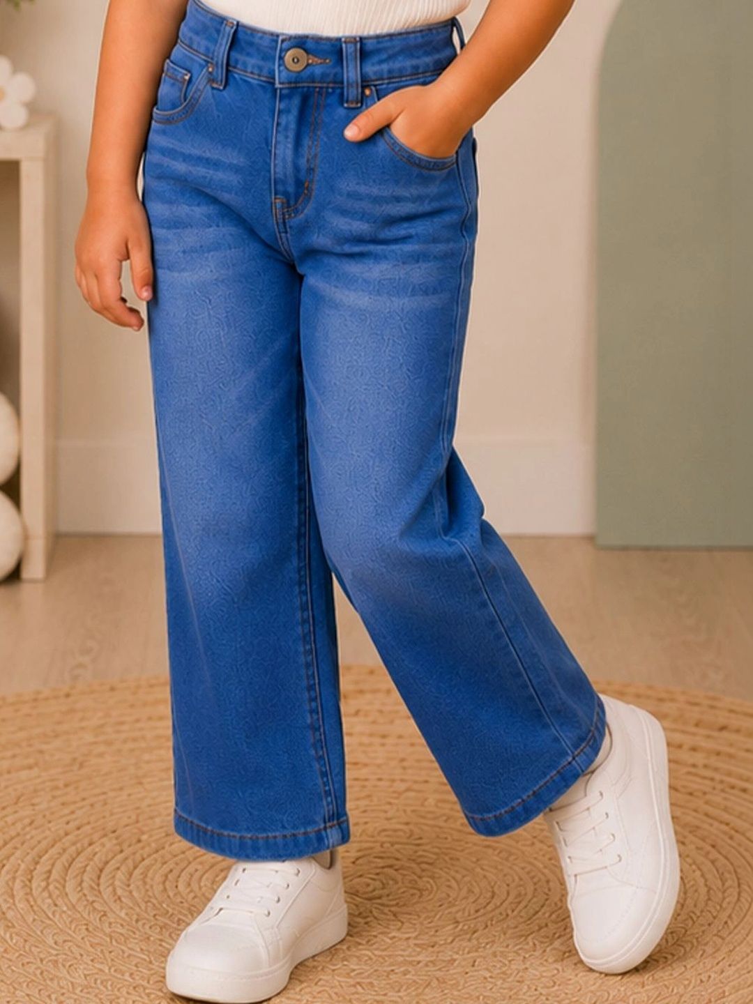 Girls Blue Cotton Relaxed Wide Leg Classic Pocket Comfort Denim Jeans 3