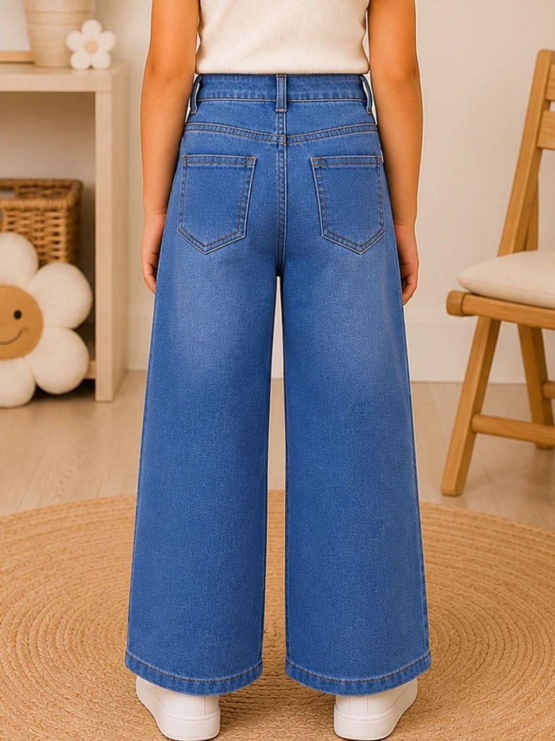 Girls Blue Cotton Relaxed Wide Leg Classic Pocket Comfort Denim Jeans 2