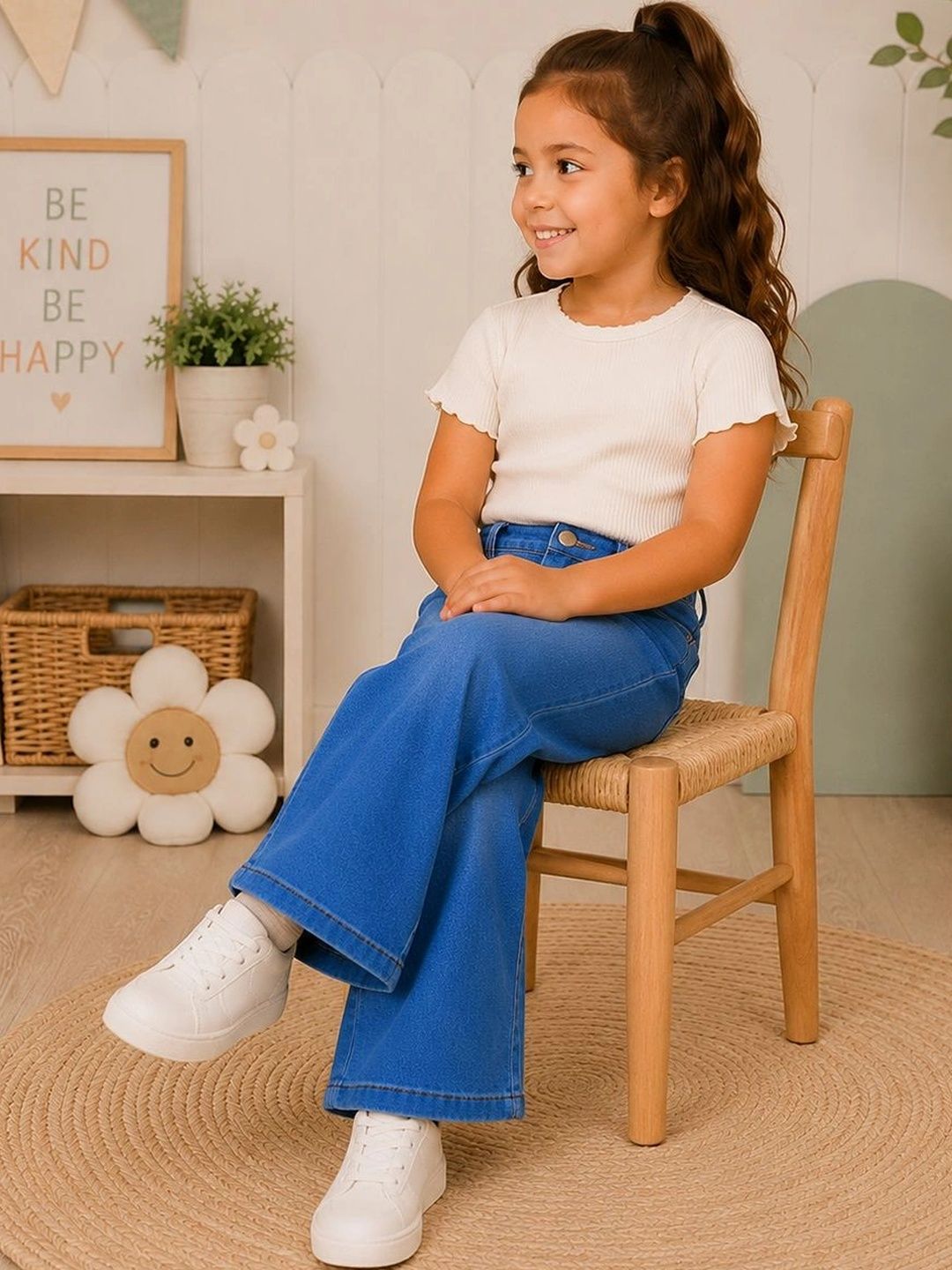 Girls Blue Cotton Relaxed Wide Leg Classic Pocket Comfort Denim Jeans 7