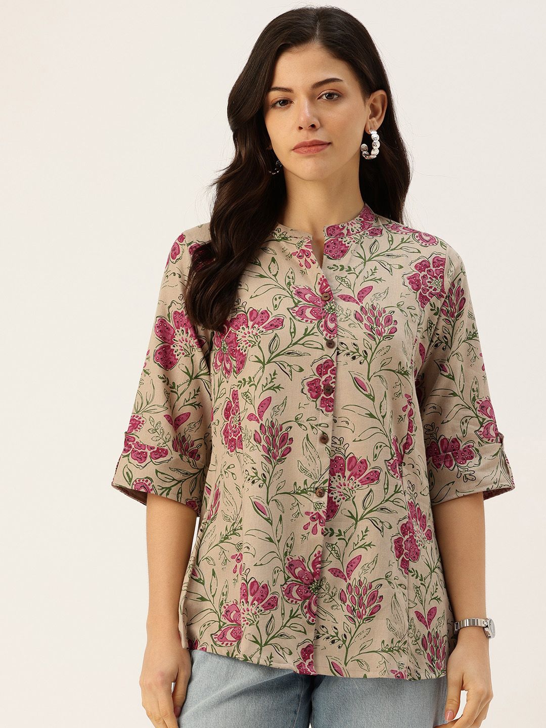 FERANOID Mandarin Collar Floral Printed Tunic