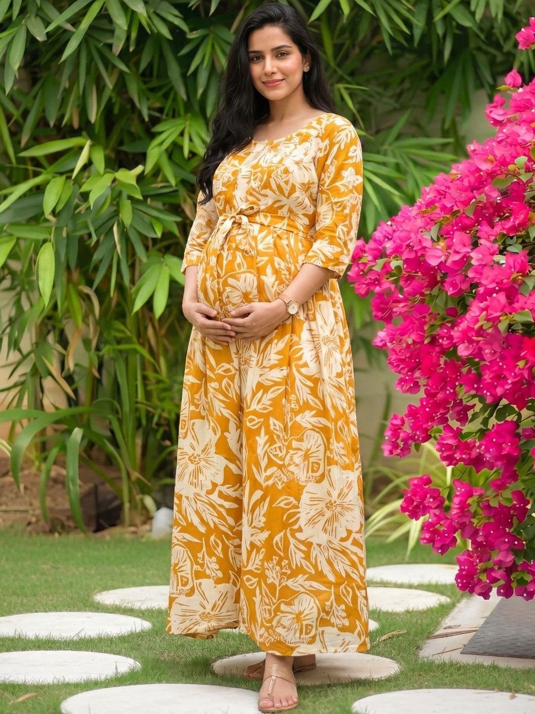Asenne Floral Printed Soft Rayon Maternity A-Line Maxi Dress With Both Side Feeding Zip