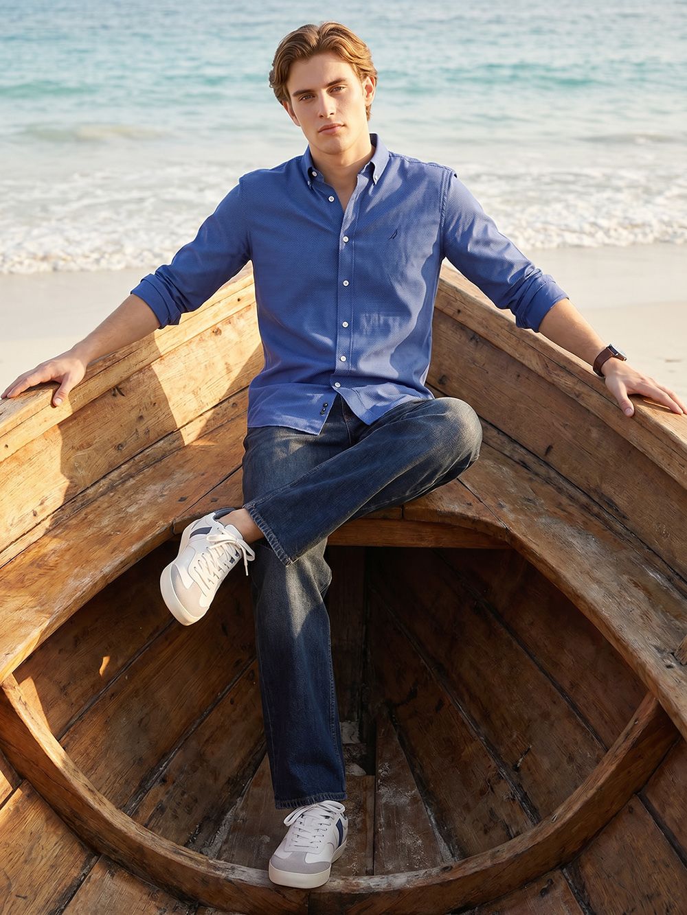 Nautica Self Design Slim Fit Pure Cotton Casual Shirt