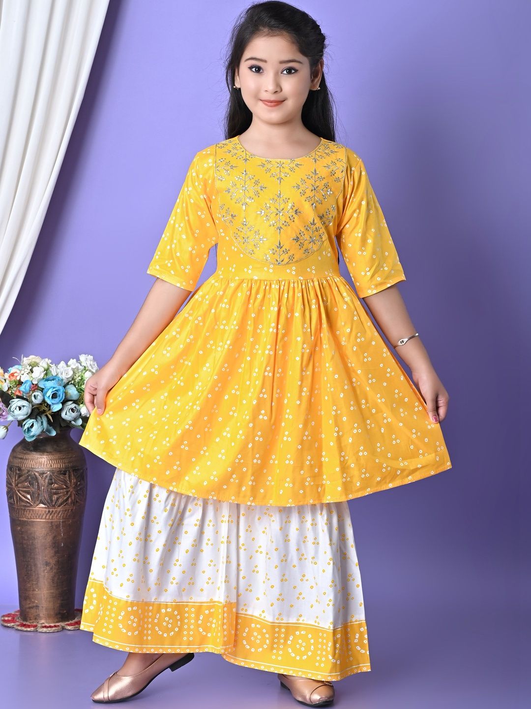 Jbegam Girls Bandhani Printed Empire Sequinned Kurta with Sharara