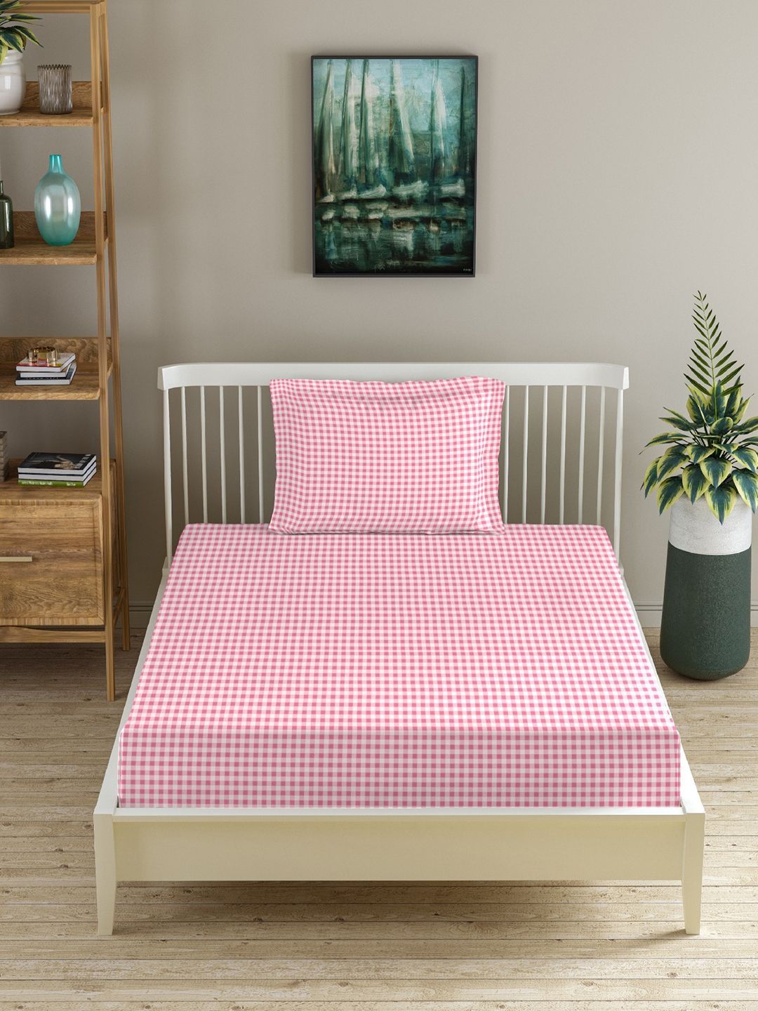 MORADO Pink & White Checked Cotton 210 TC Single Bedsheet Set 1.52 m x 2.28 m