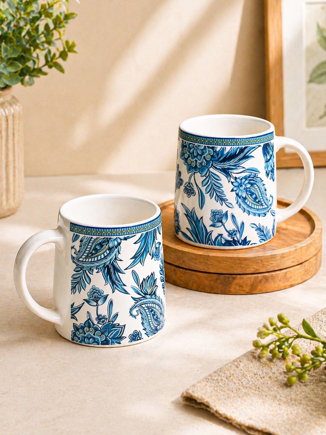 MARKET99 Set of 2 AC Paisley Blue Floral Printed White Ceramic Glossy Mugs-330 ml Each