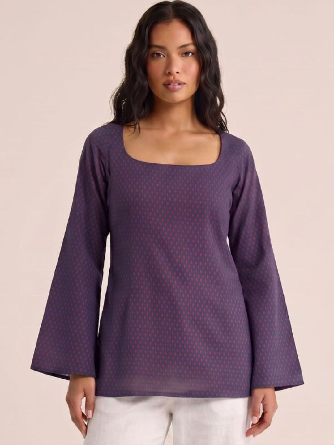 NISHORAMA Printed Square Neck Flared Sleeves Pure Cotton Blend Kurti