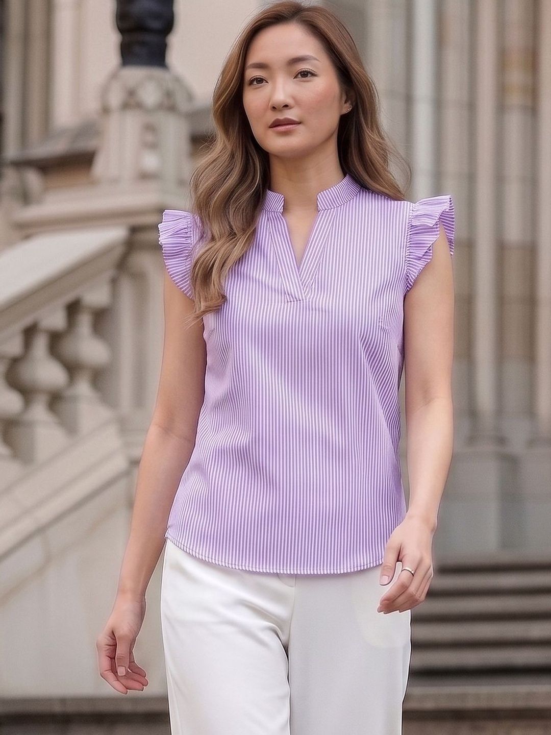 Style Quotient Striped Flutter Sleeve Ruffles Top