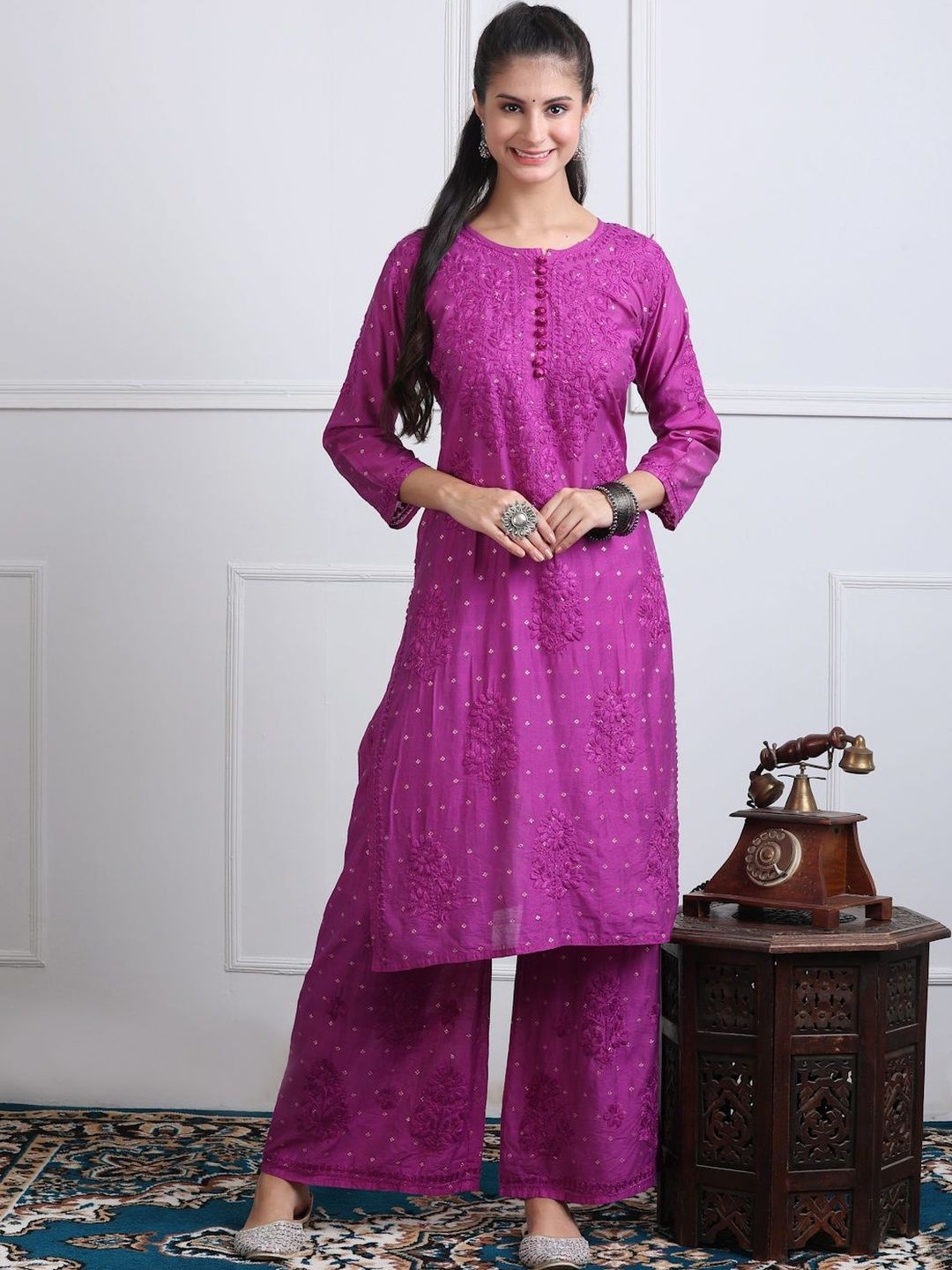 Noorza Chikankari Ethnic Motifs Embroidered Chikankari Chanderi Silk Kurta with Palazzos