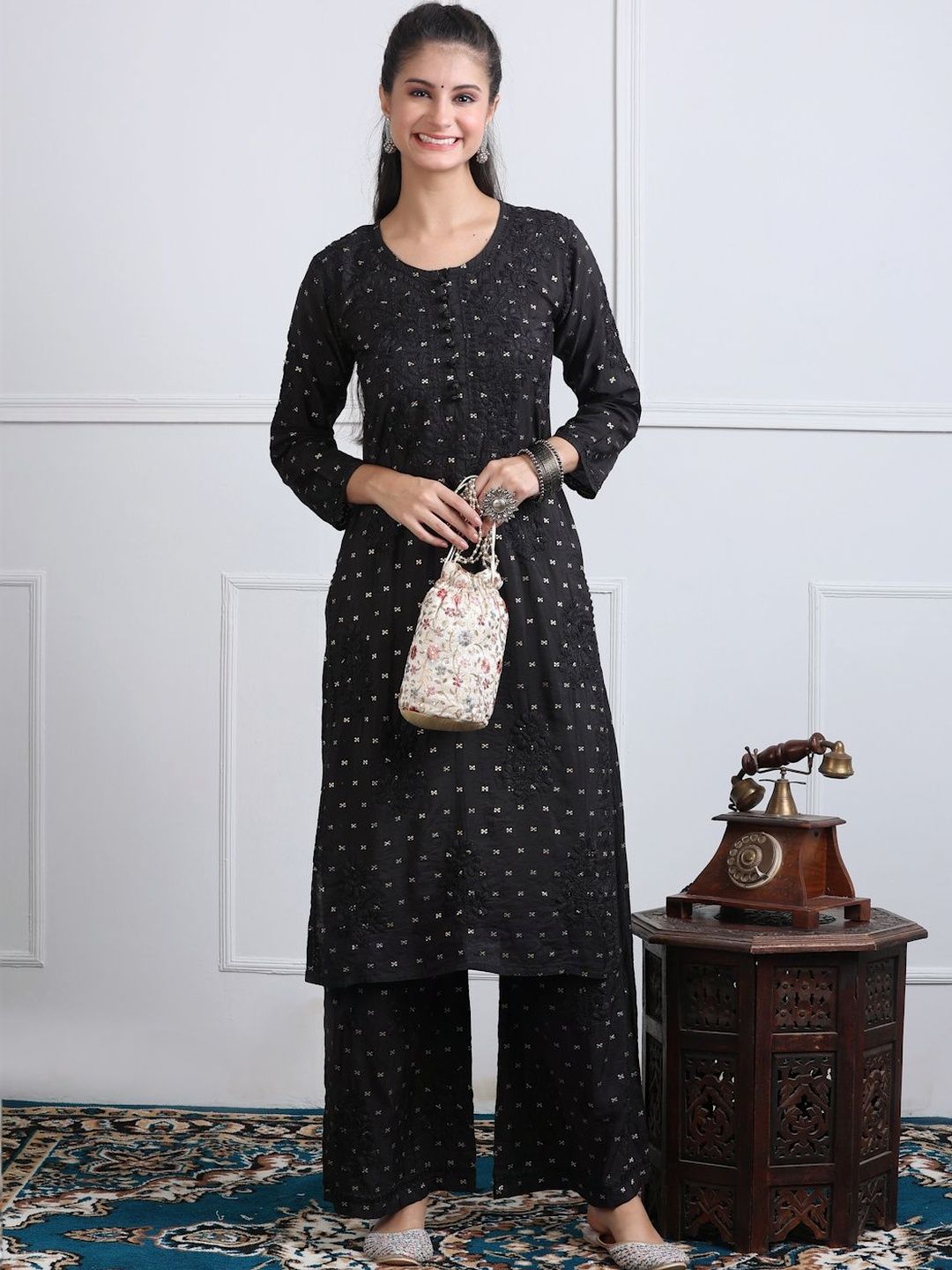 Noorza Chikankari Ethnic Motifs Embroidered Thread Work Chanderi Silk Kurta with Palazzos