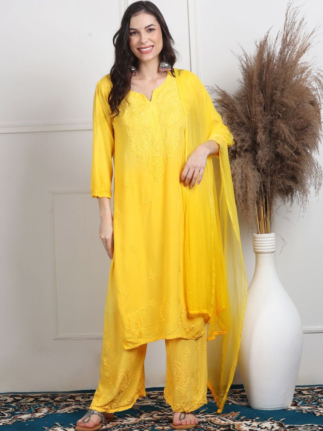 Noorza Chikankari Ethnic Motifs Embroidered Thread Work Kurta with Palazzos & With Dupatta