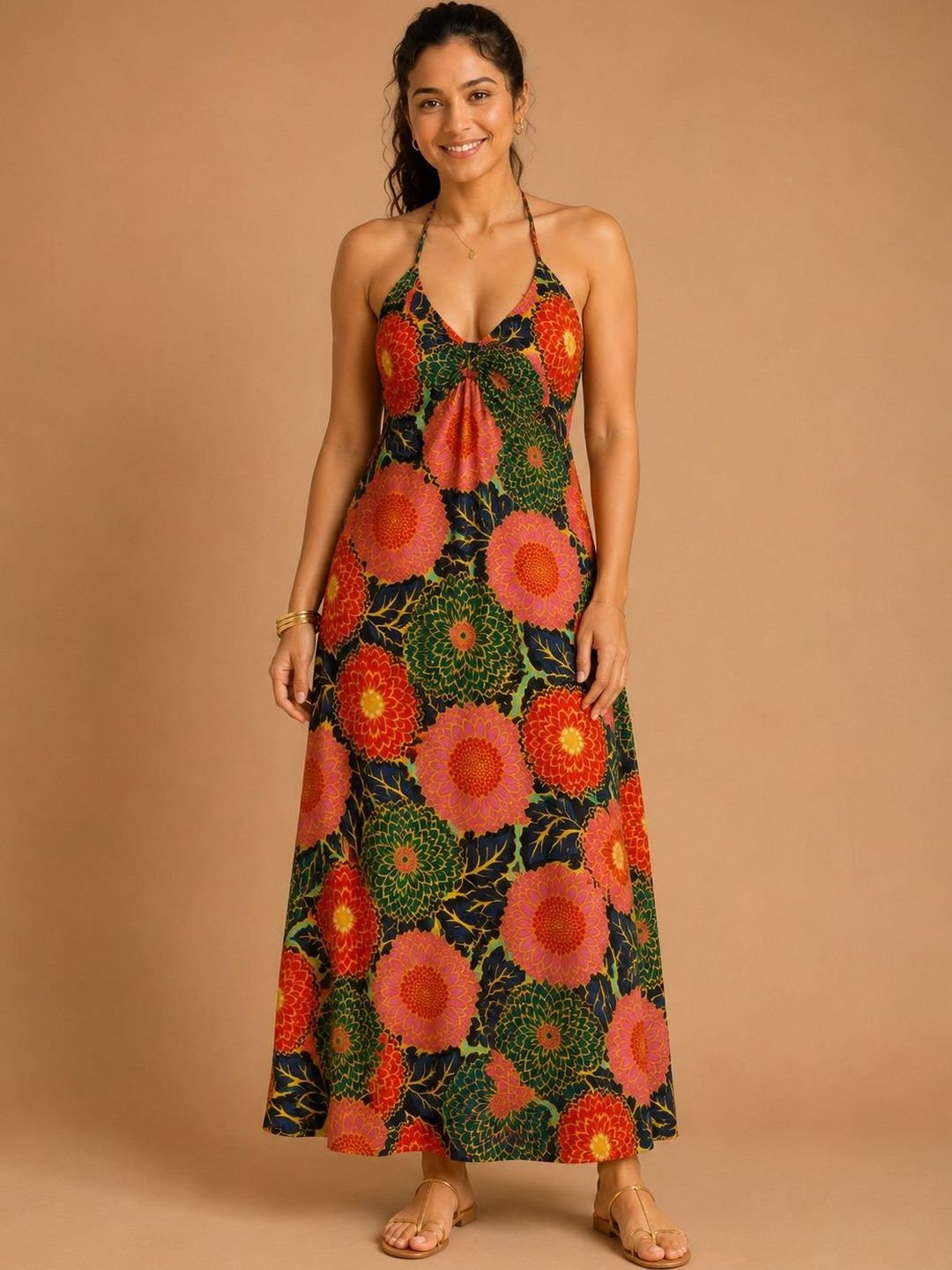 DADA Floral Print Halter Neck A-Line Maxi Dress