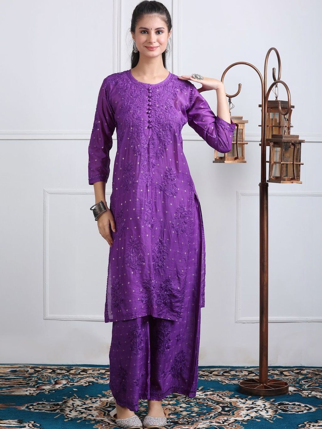 Noorza Chikankari Ethnic Motifs Embroidered Thread Work Chanderi Silk Kurta with Palazzos