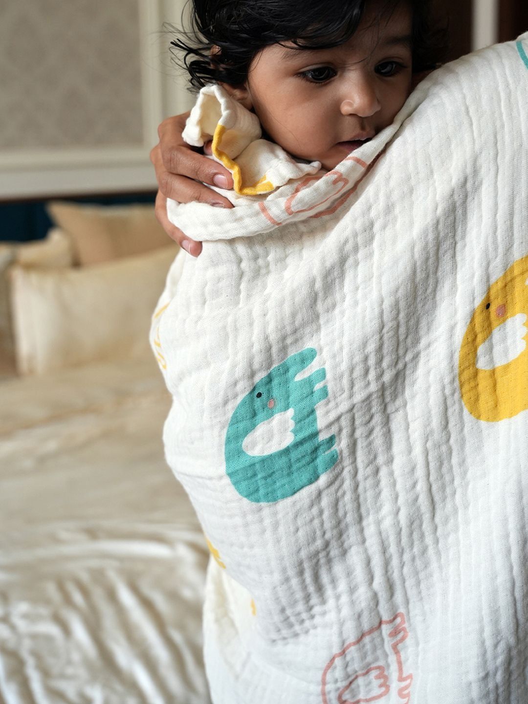 Doctor Towels Cream & Green Printed 350GSM Set of 1 Anti-Bacterial Bamboo Baby Swaddle
