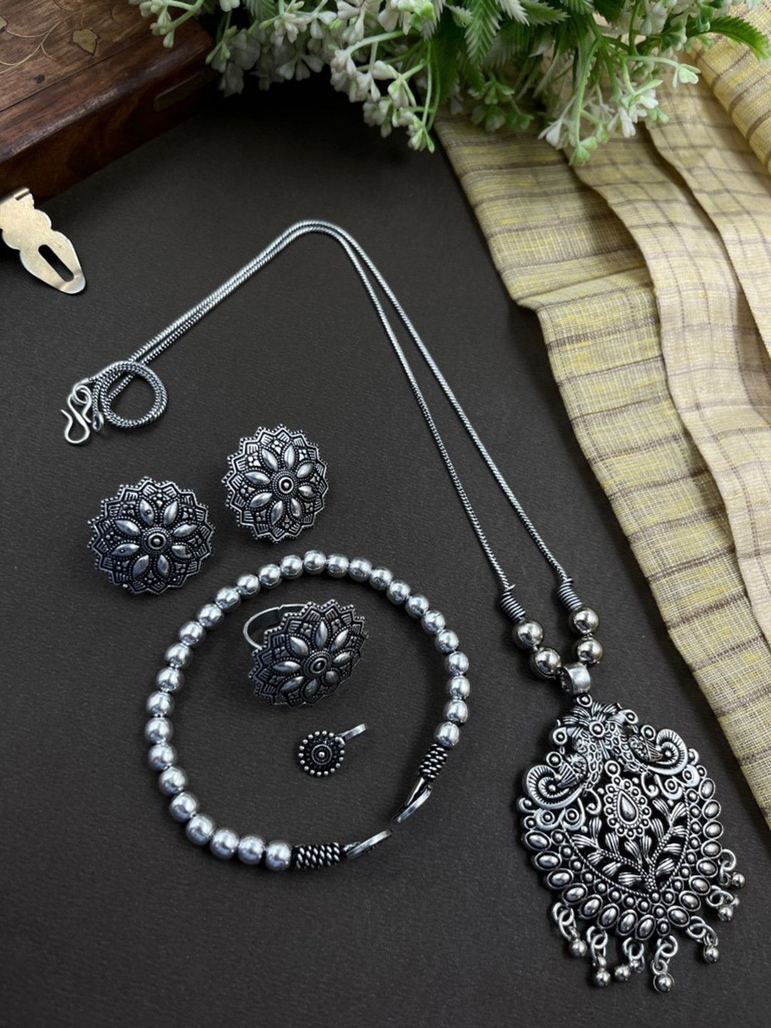 NAMAN ARTS Silver Plated Oxidised Jewellery Set