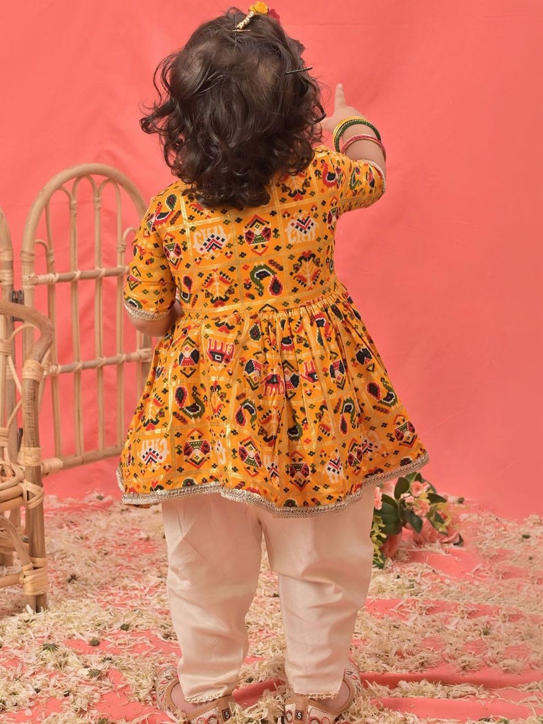 Girls Yellow Angrakha Style Patola Print Kurta & Dhoti Set 3