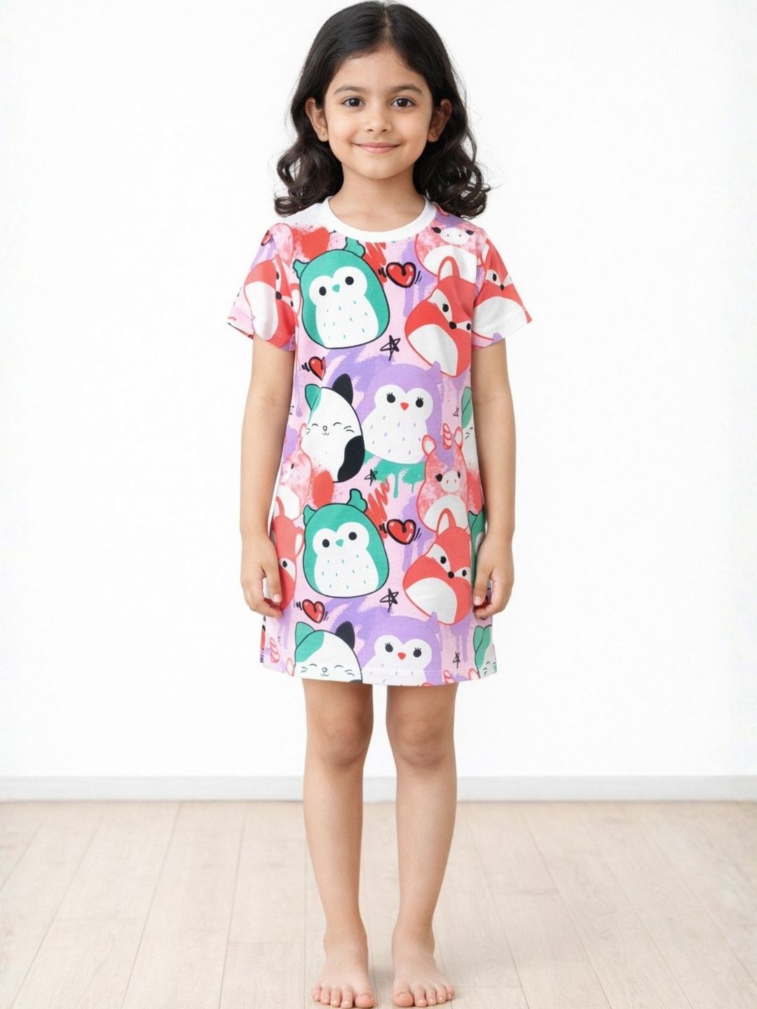 Girls White Printed Cotton Nightdress