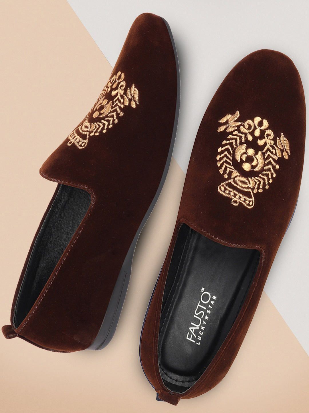 FAUSTO Men Velvet Embroidery Design Ethnic Party Loafer Shoes