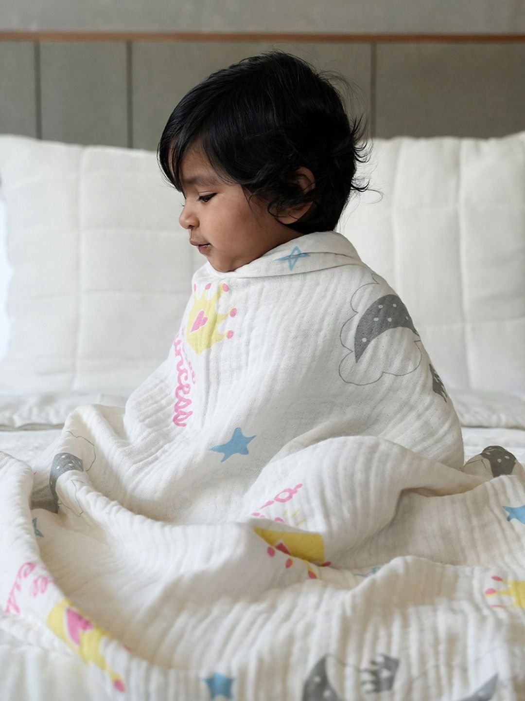 Doctor Towels Cream & Blue Printed 350GSM Set of 1 Anti-Bacterial Bamboo Baby Swaddle