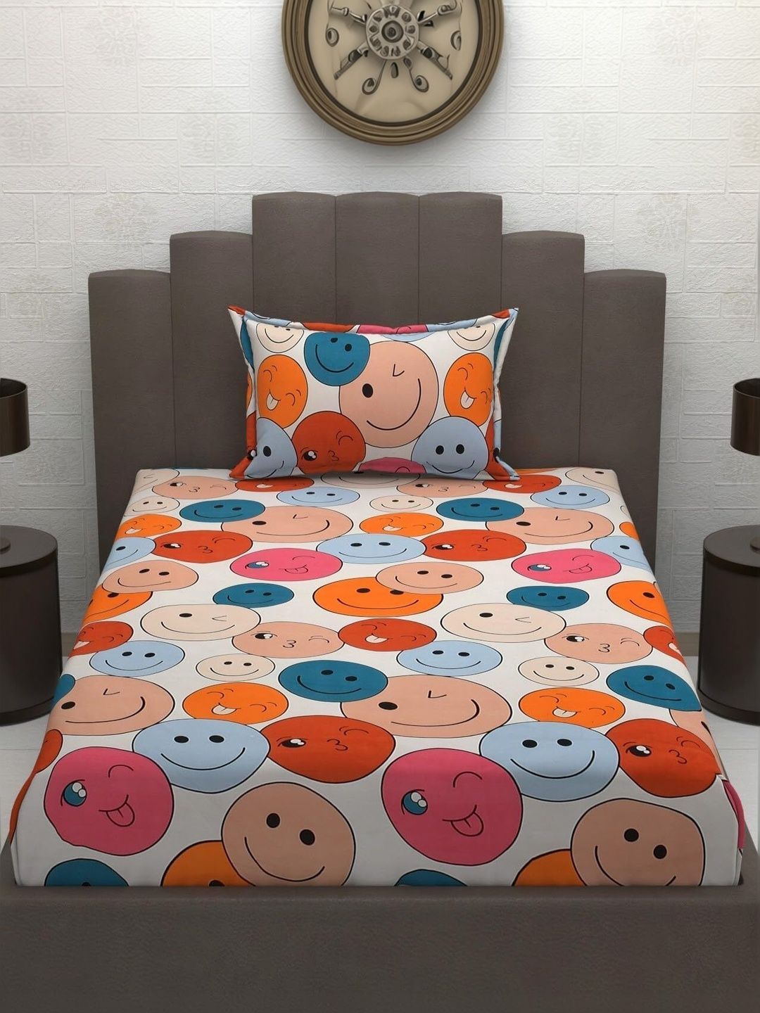 TINDLER KNOTS Orange & Pink Cartoon Characters 180 TC Single Bedsheet with 1 Pillow Covers
