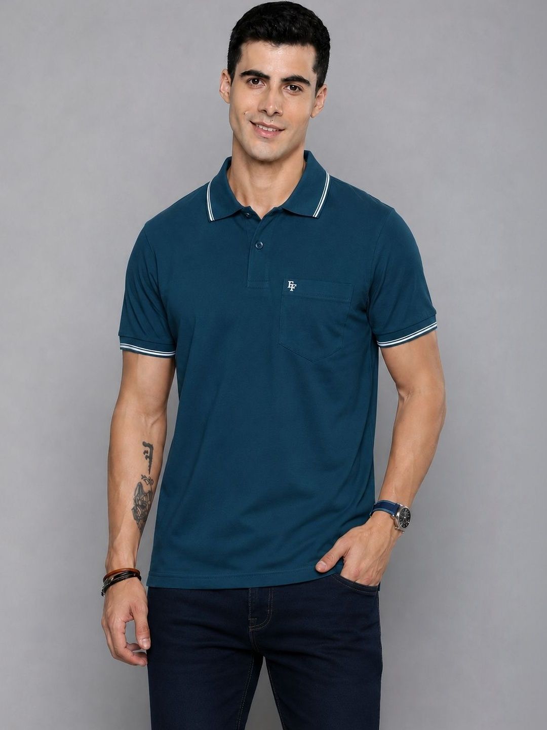 FEVERFEW Men Brand Logo Polo Collar Pockets T-shirt