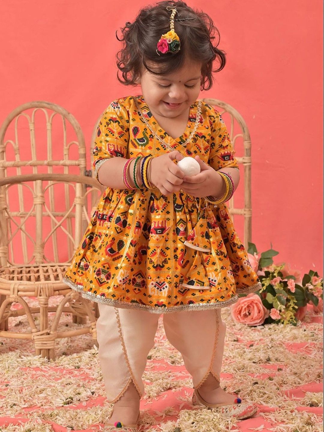 Girls Yellow Angrakha Style Patola Print Kurta & Dhoti Set