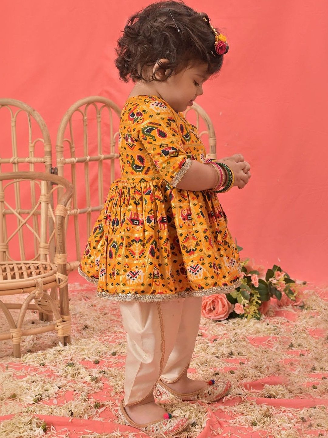 Girls Yellow Angrakha Style Patola Print Kurta & Dhoti Set 5