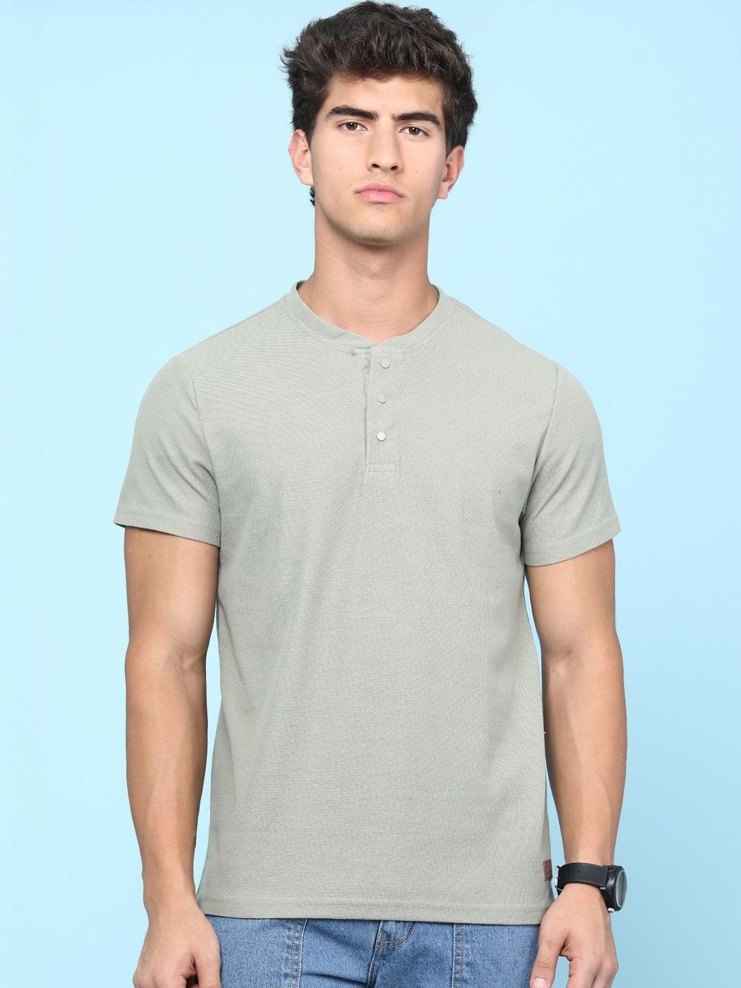 Olive Green Henley Neck Regular Fit T-shirt