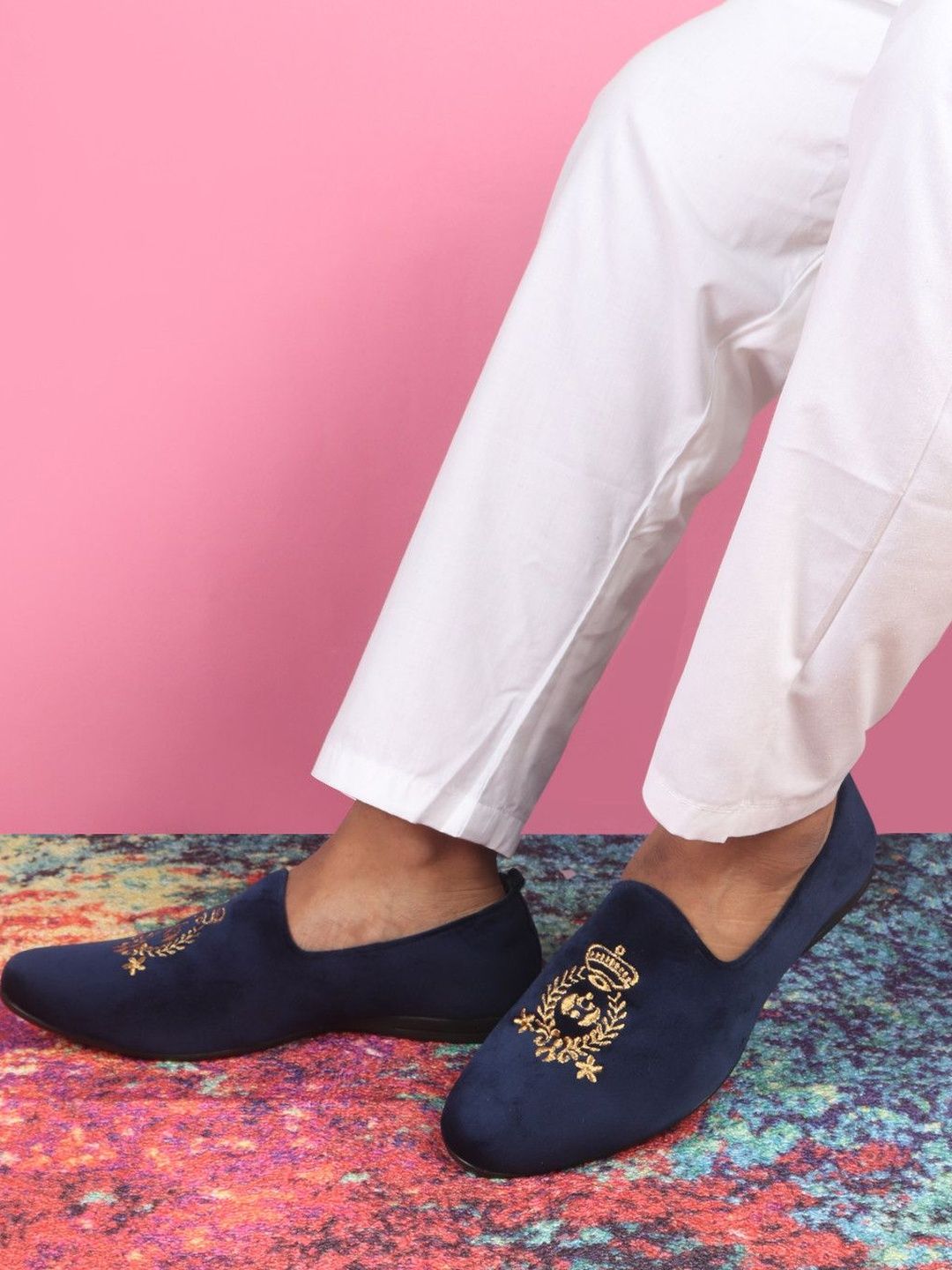 FAUSTO Men Velvet Embroidery Design Ethnic Party Loafer Shoes