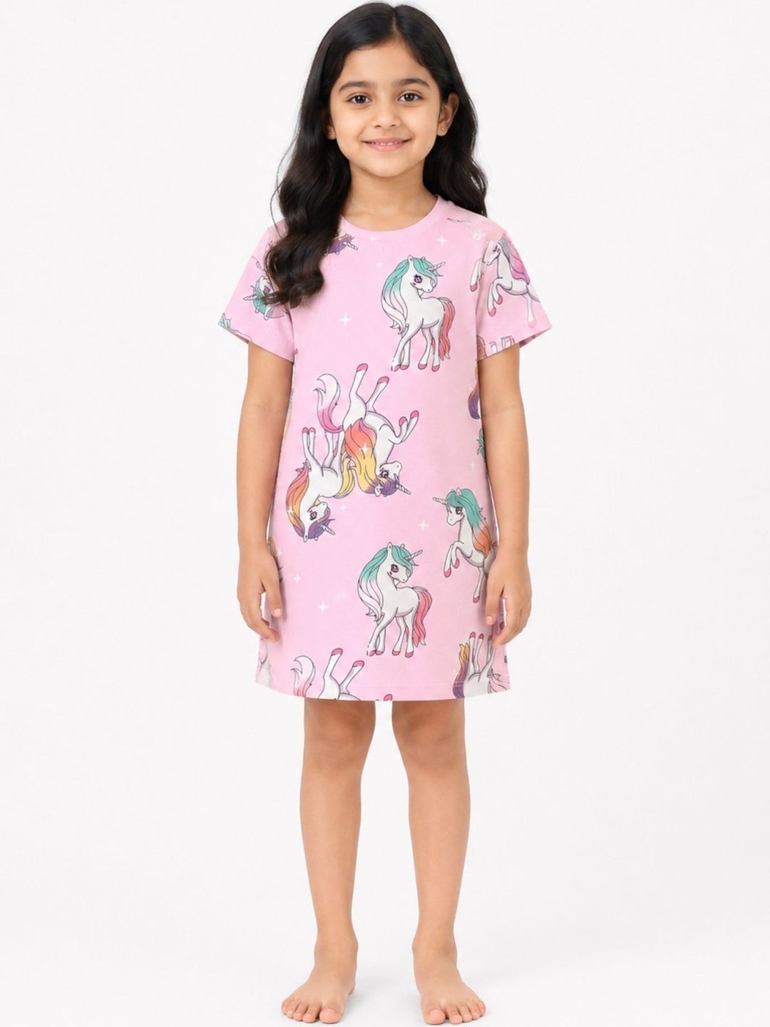 Girls Pink Printed Pure Cotton Nightdress
