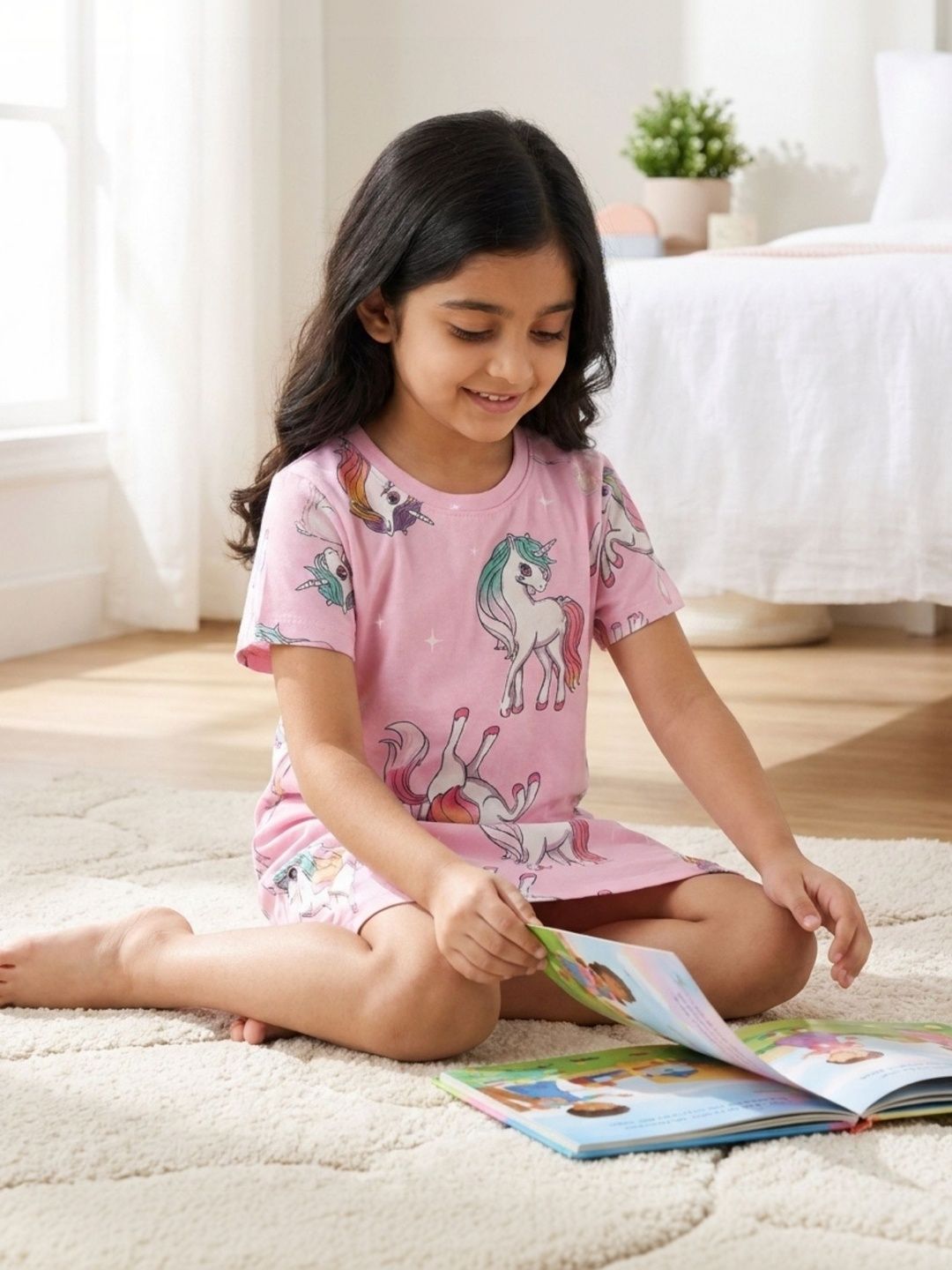 Girls Pink Printed Pure Cotton Nightdress 5