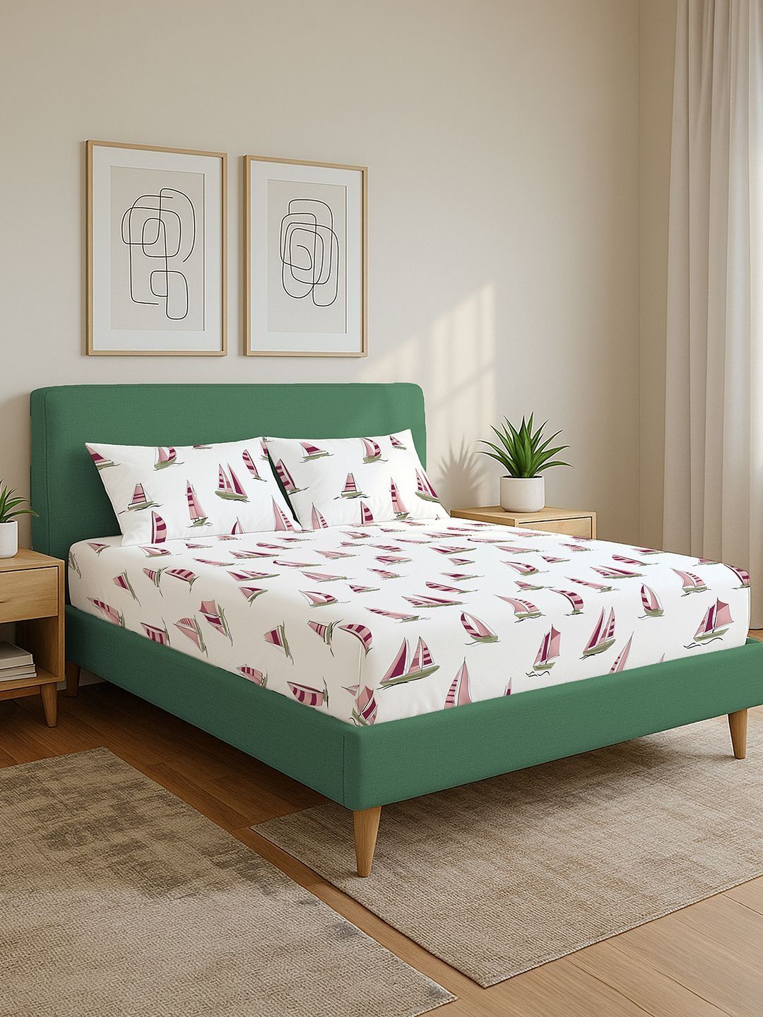 URBAN SPACE Divine Ocean Boats Printed Cotton 144 TC Queen Bedsheet With 2 Pillow Covers