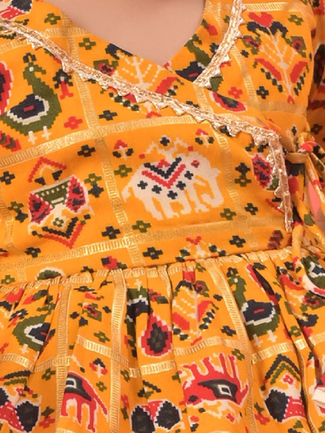 Girls Yellow Angrakha Style Patola Print Kurta & Dhoti Set 2