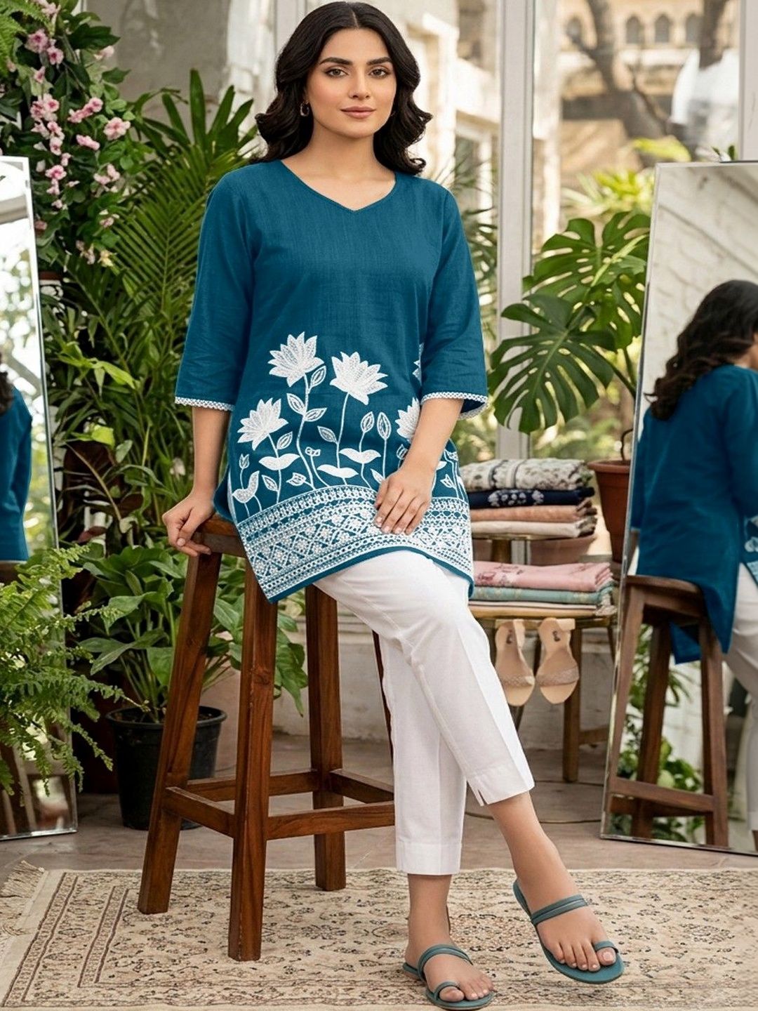 DHANSHREE TEX Botanical Printed V-Neck Pure Cotton Blend Kurti