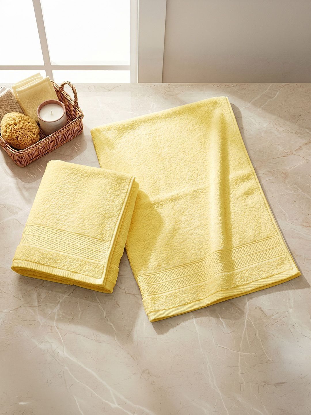 LANE LINEN Pack of 2 Yellow Cotton 450 GSM Hand Towels