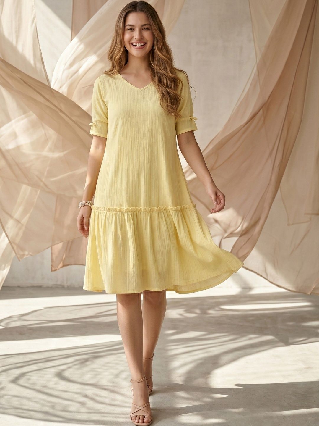 CLOTHING CLOSET Women V-Neck Puff Sleeve Fit & Flare Dress