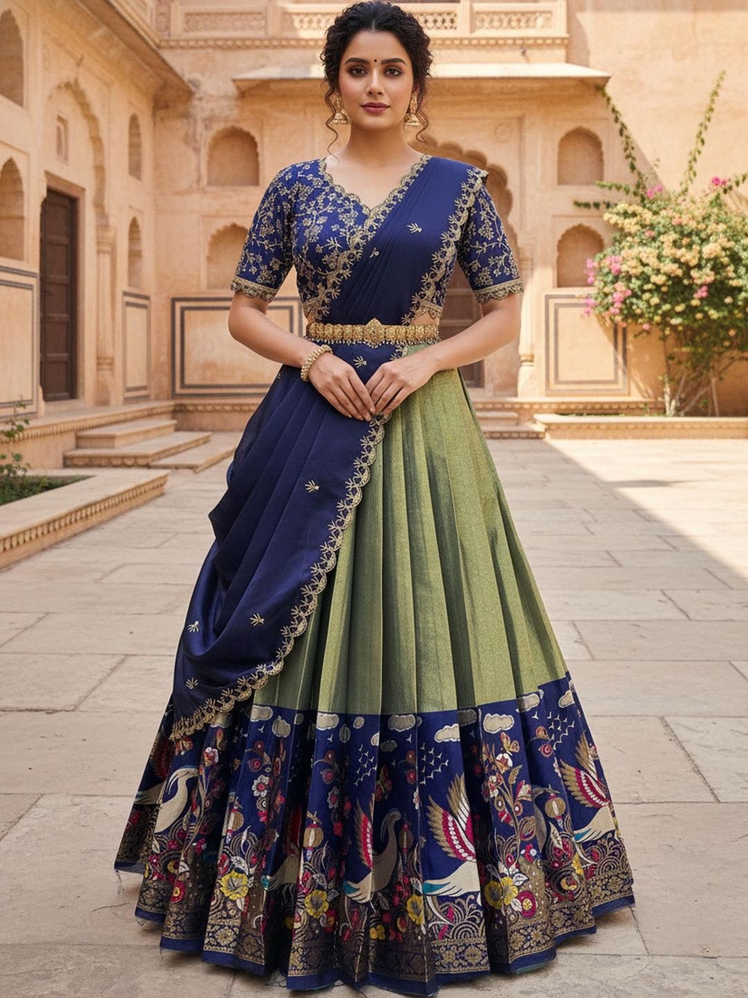Embellished Unstitched Lehenga & Blouse With Dupatta