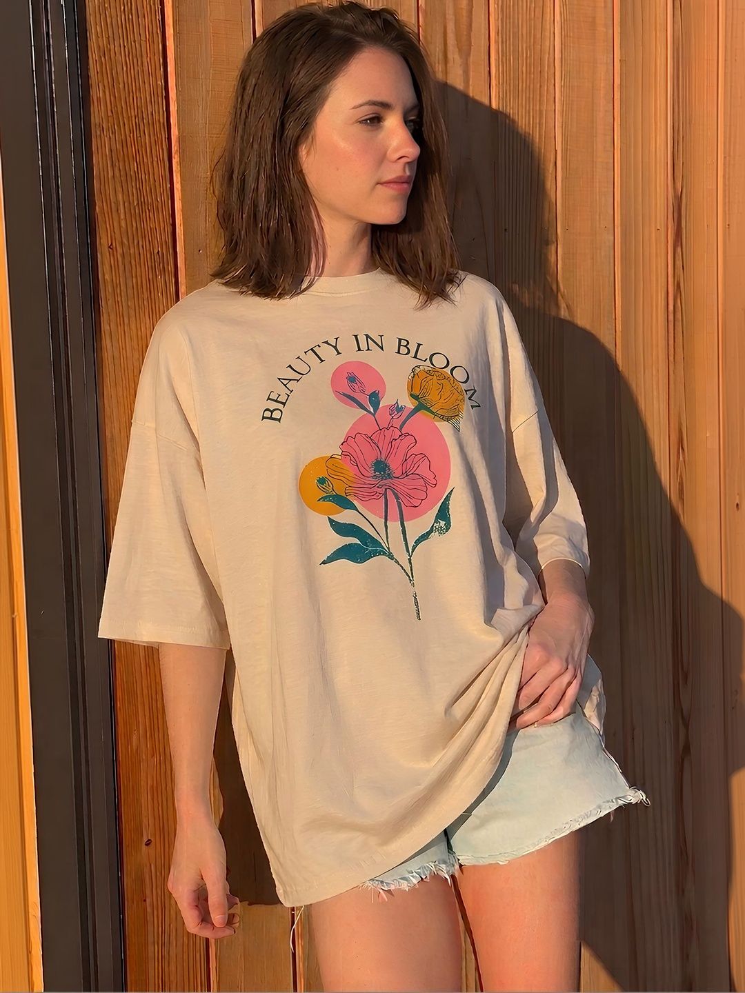 SMARTEES Women Floral Printed Drop-Shoulder Sleeves T-shirt