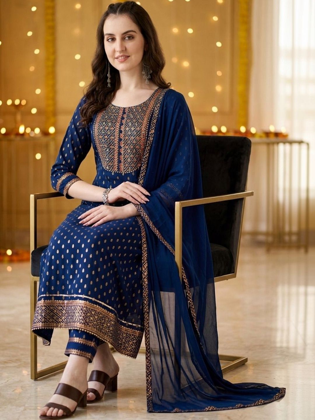 QUEENSFAB Women Ethnic Motifs Printed Regular Thread Work Kurta with Trousers & With Dupatta