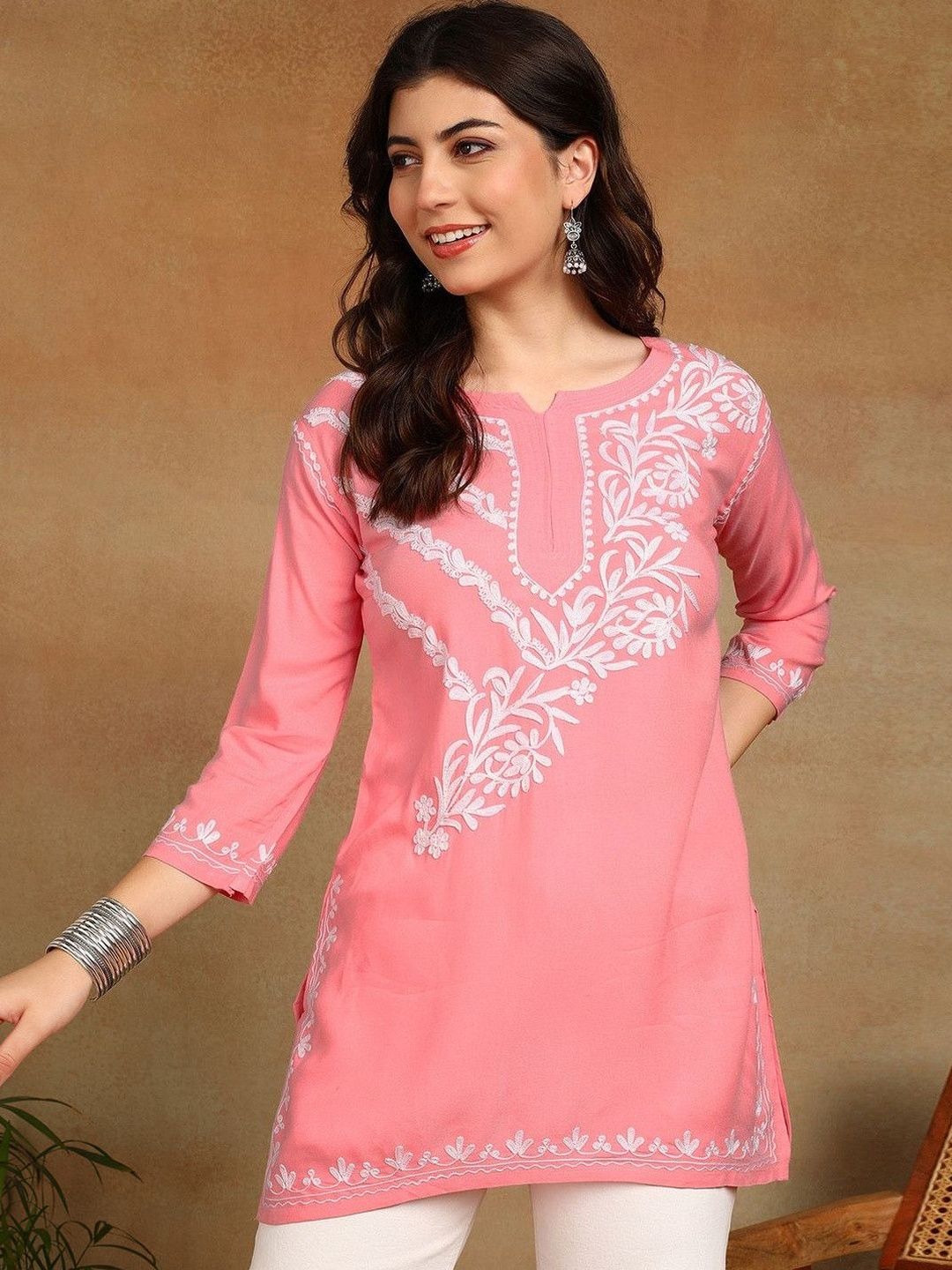 TOP N THREAD Women's Floral Embroidered Liva  with Aari Work Short Kurti