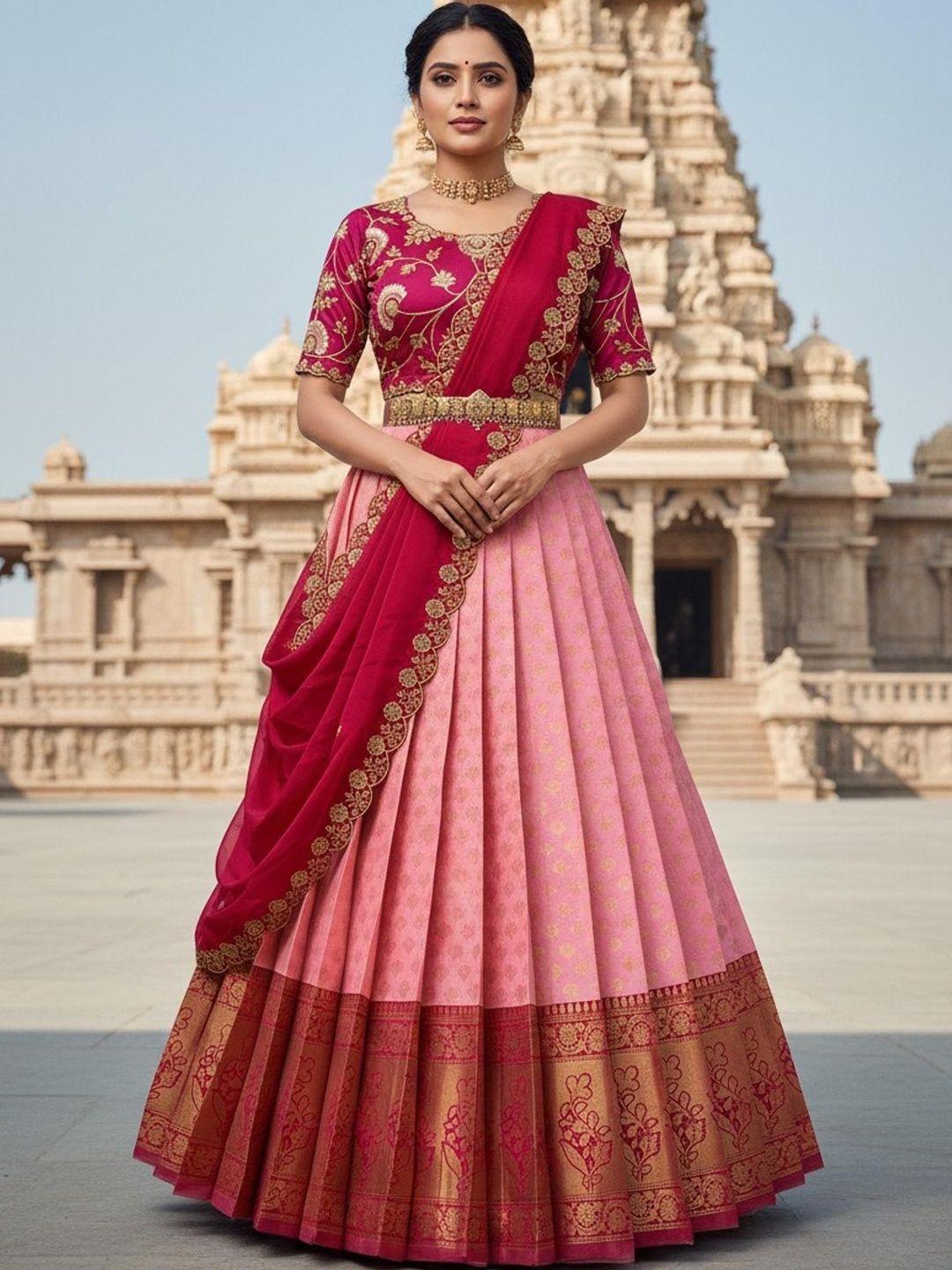 Embroidered Unstitched Lehenga & Blouse With Dupatta