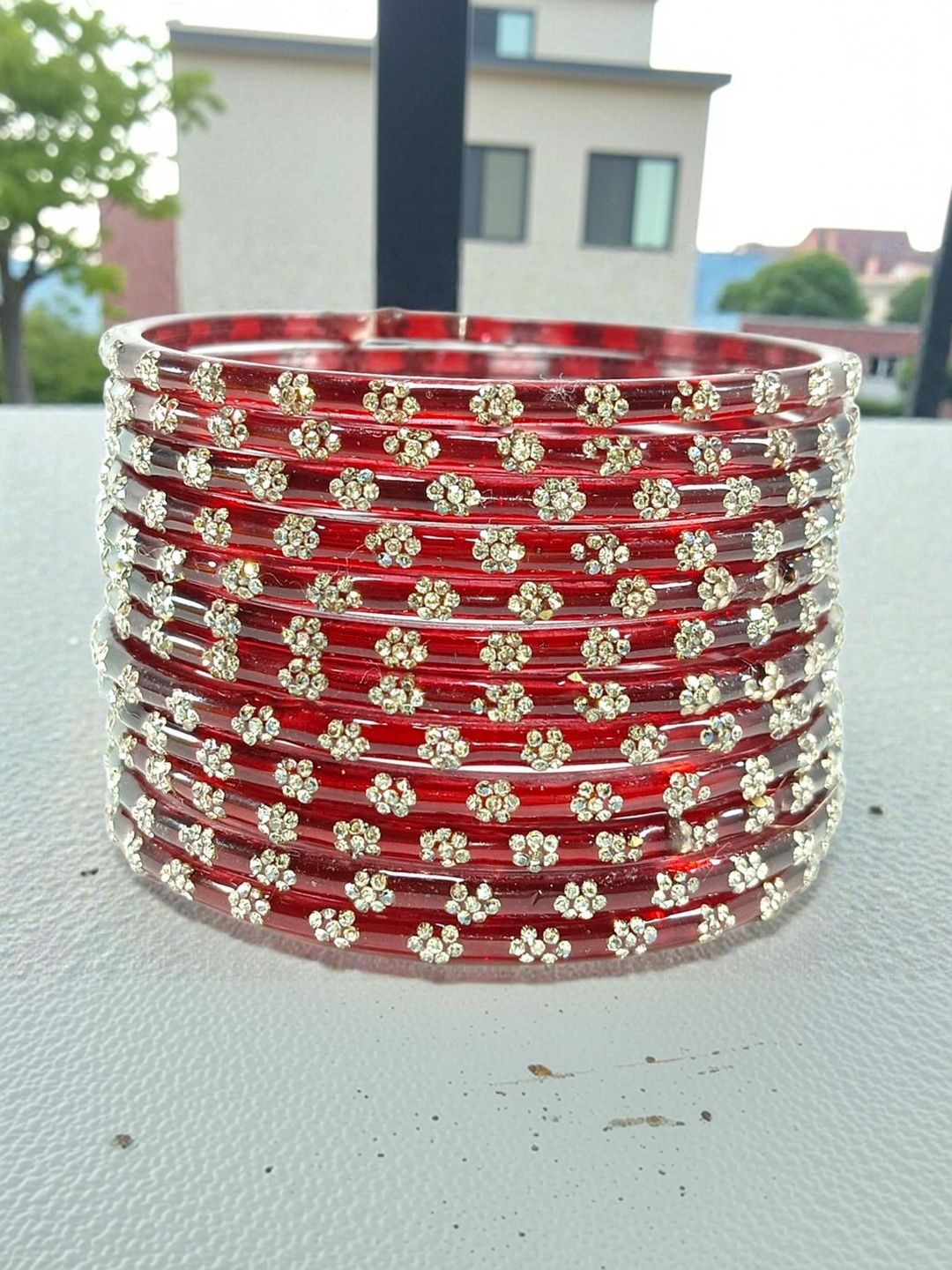 Pasovi Set Of 12 Zircon-Studded Glass Kashmiri Bangles
