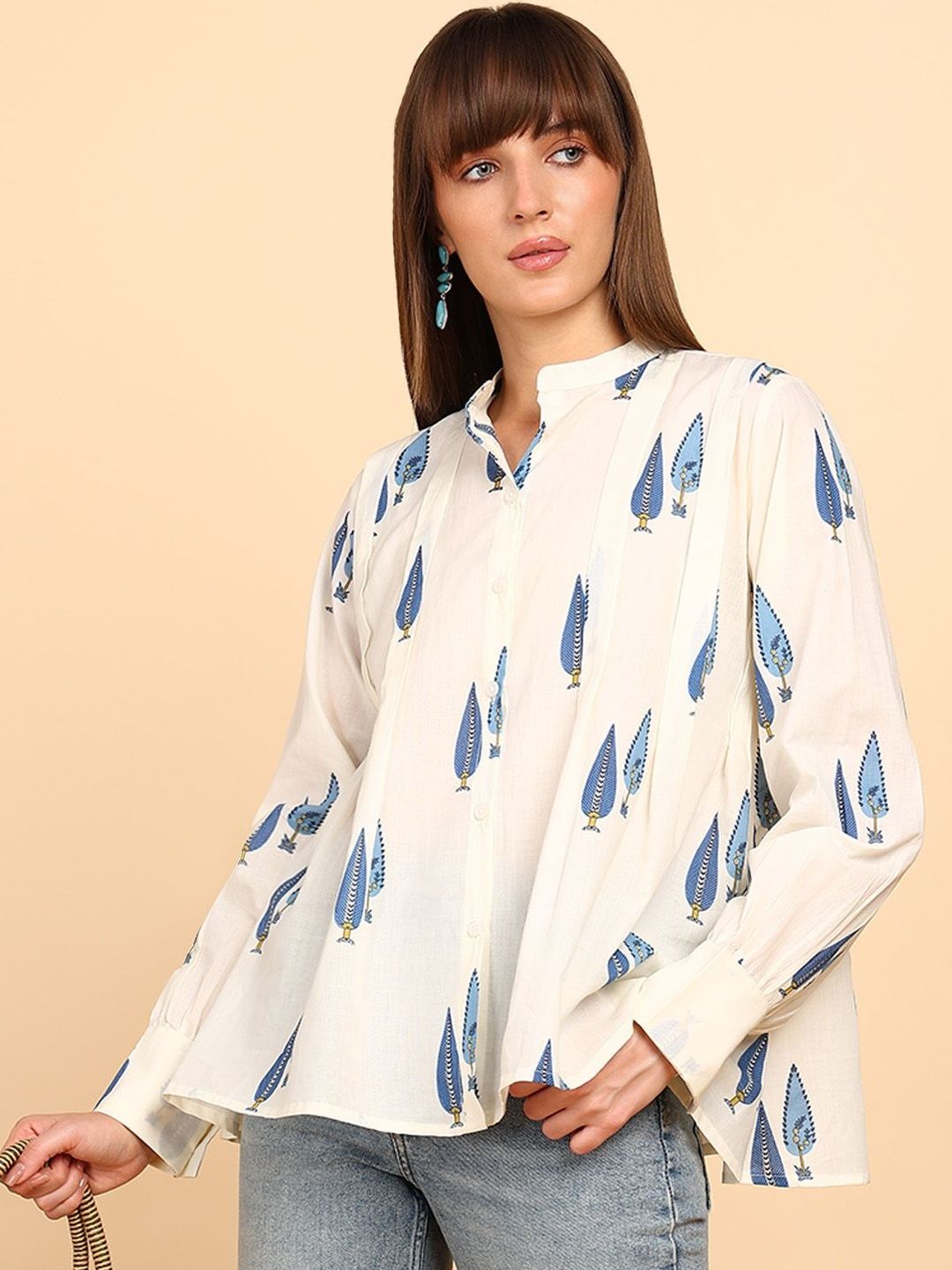 CORSICA Women Cotton Printed Mandarin Collar Regular Fit Shirts