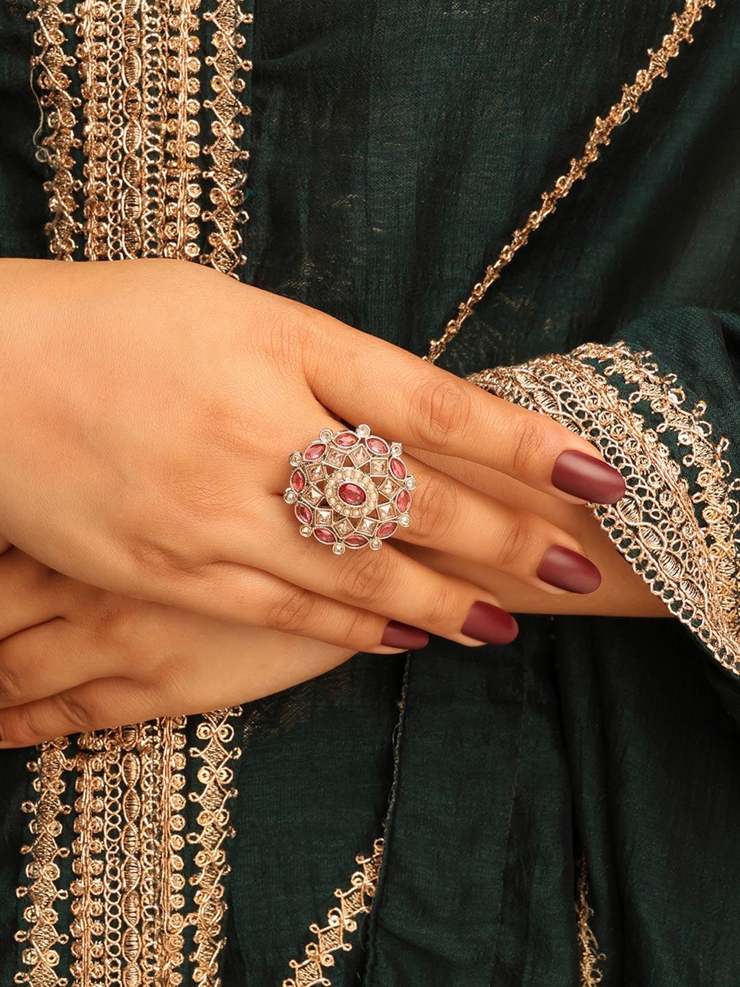 SALONI FASHION JEWELLERY Women Floral Gold Plated Kundan Studded Adjustable Finger Ring